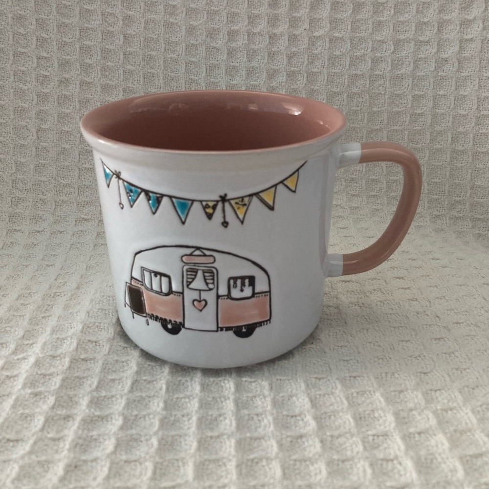 I Love It Charming Pink and White Oversized Retro Camper Mug